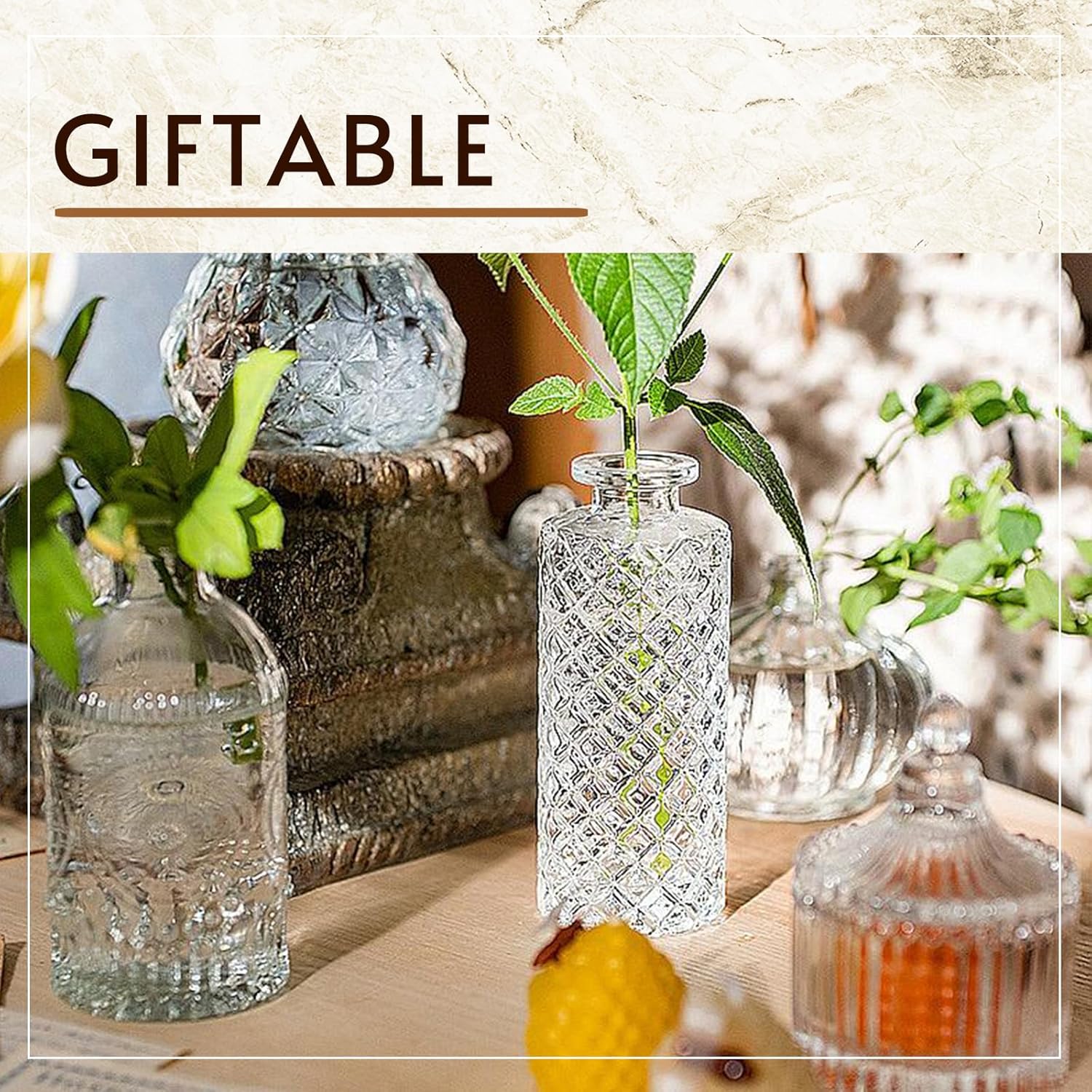 Set of 6 Gradient Embossed Glass Mini Bud Vases, Clear Green Vintage Decor Flower Bottles 3.3"-5.2"H