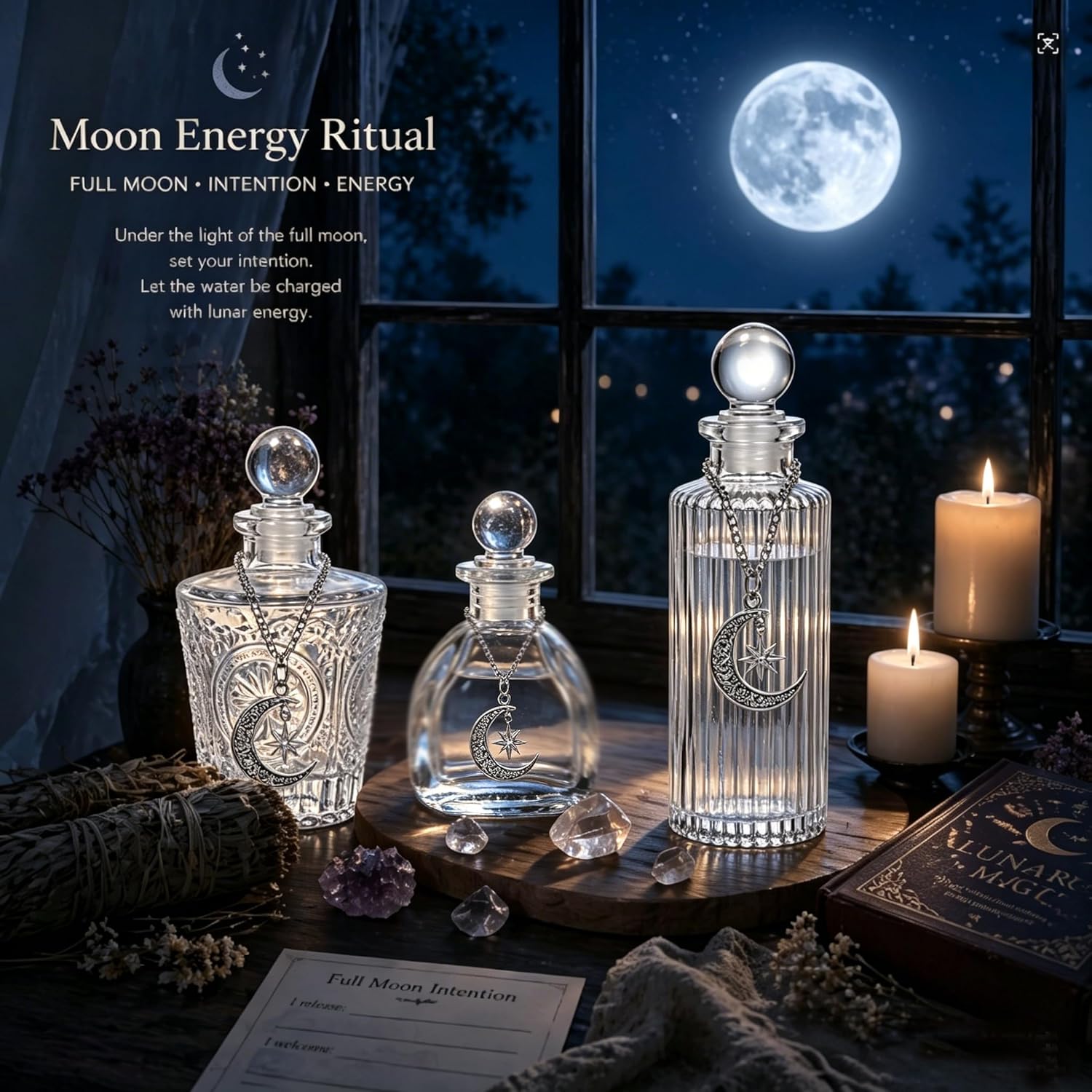 Moon Energy Glass Bottle Set, 3 Pack, with Lunar Star Chain, for Crystal Cleansing, Meditation, Witchcraft, Home Decor (3)