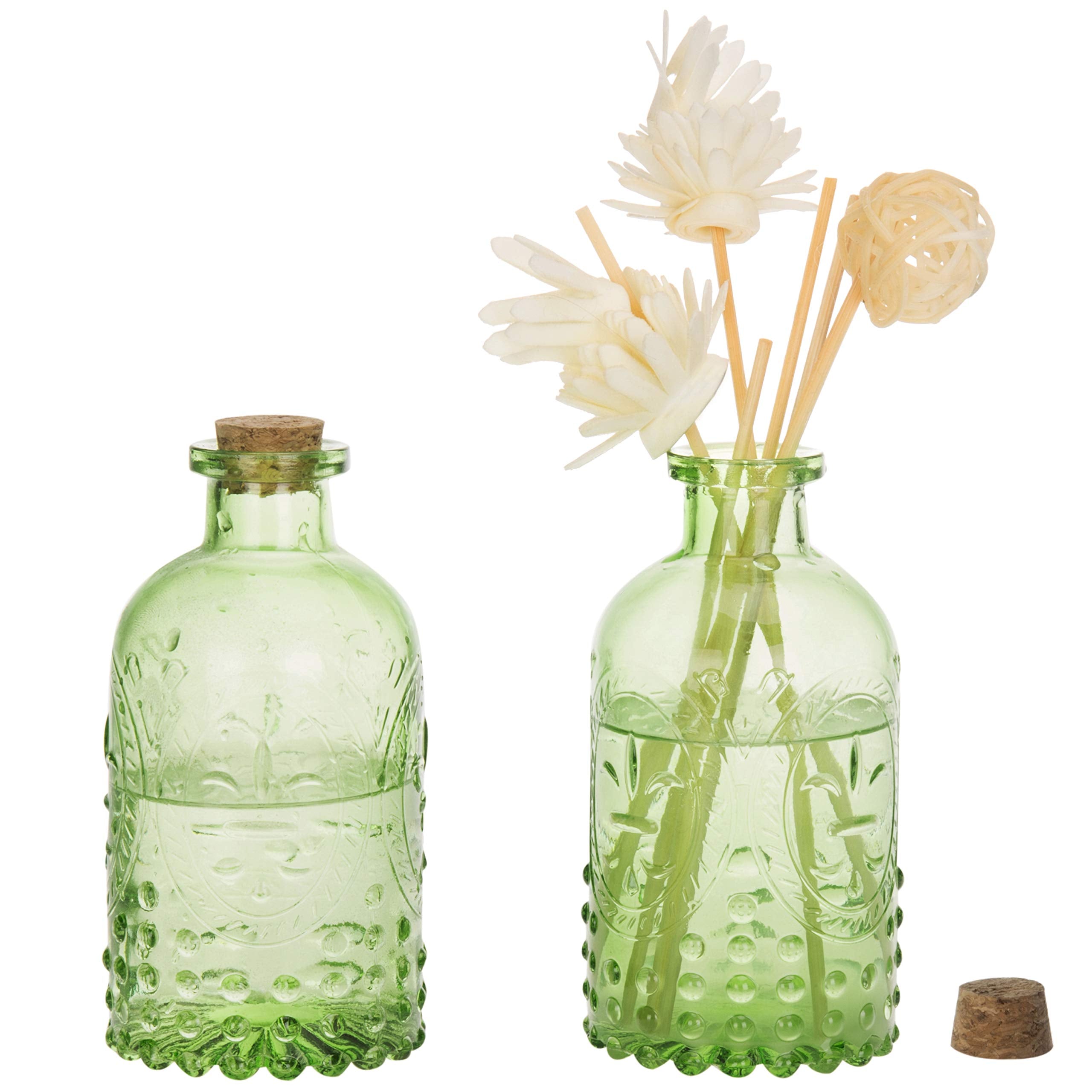 MyGift Vintage Design Embossed Fleur De Lis Clear Glass Bottles with Cork Lid, Apothecary Flower Bud Vases, Set of 6