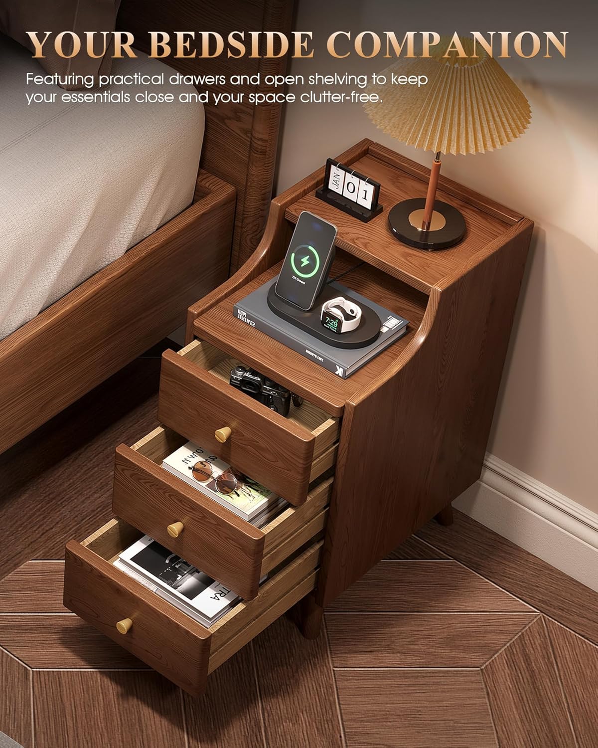 Narrow Nightstand with Drawers, 11.8" Solid Wood Nightstand with Open Shelf & Cable Hole, Modern Night Stand Slim Bedside Table for Small Spaces, Bedroom, Living Room, Study