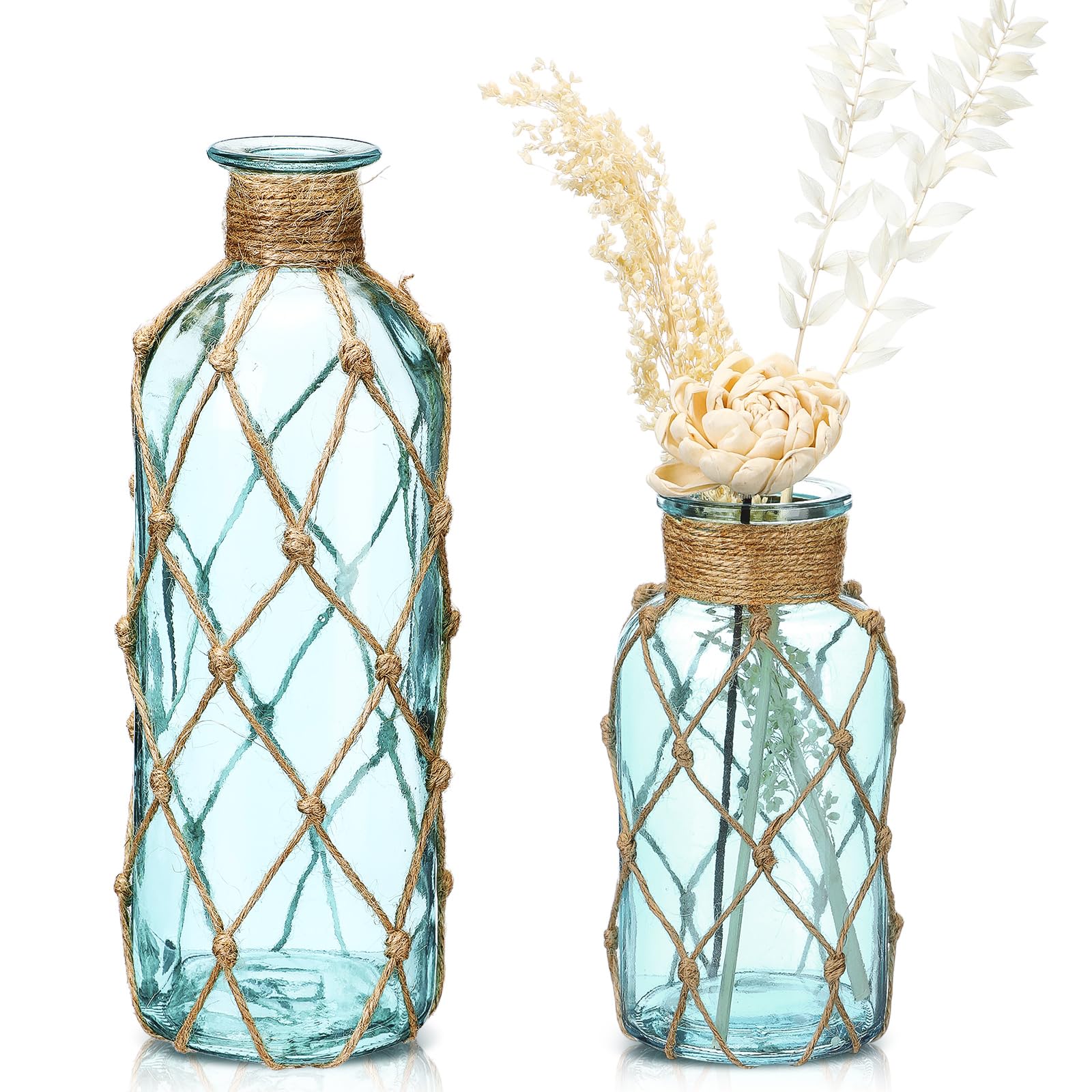 Chuangdi Set of 2 Coastal Glass Vases for Flowers TSITP Flower Vase with Boho Rope Small Sea Glass Jar Nautical Beach Bottle for Wedding Table Centerpieces Floral Arrangement Decor(Green)