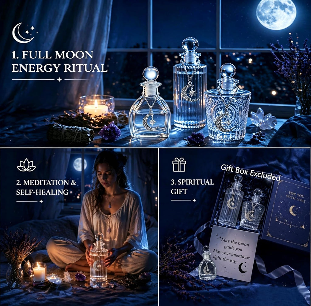 Moon Energy Glass Bottle Set, 3 Pack, with Lunar Star Chain, for Crystal Cleansing, Meditation, Witchcraft, Home Decor (3)