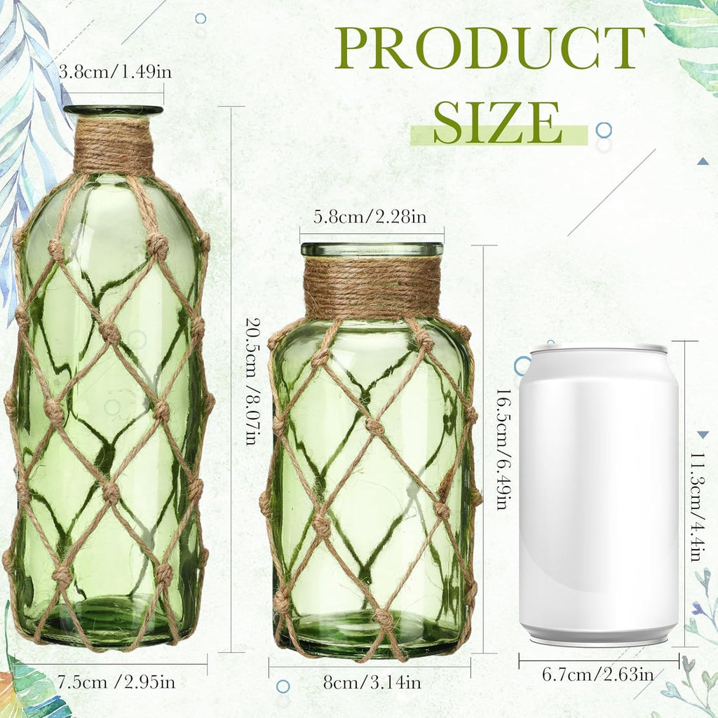 Chuangdi Set of 2 Coastal Glass Vases for Flowers TSITP Flower Vase with Boho Rope Small Sea Glass Jar Nautical Beach Bottle for Wedding Table Centerpieces Floral Arrangement Decor(Green)
