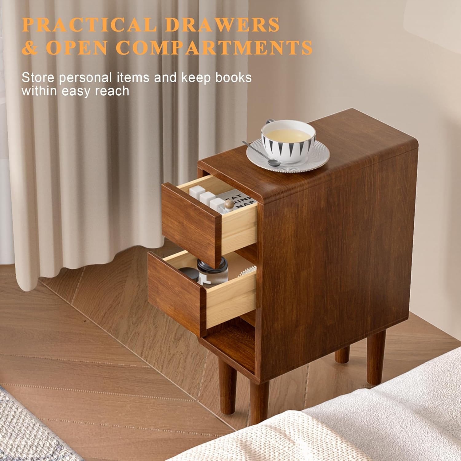 Narrow Nightstand 2 Drawers with Open Shelf Narrow Night Stand Solid Wood Bedside Table Mid Century Modern Nightstand Wooden End Table for Bedroom, Living Room, Study, Office