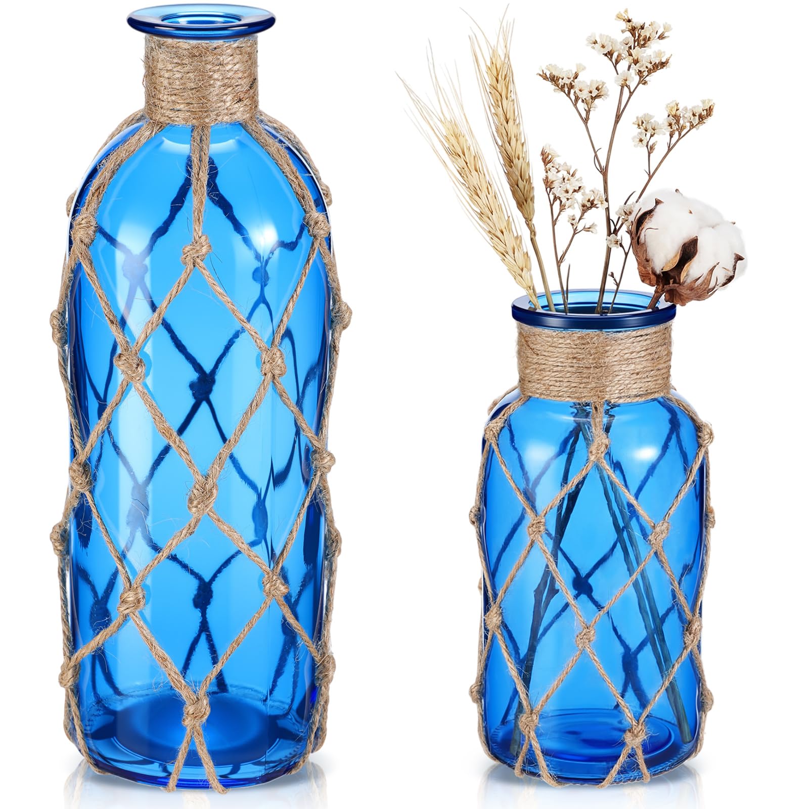 Chuangdi Set of 2 Coastal Glass Vases for Flowers TSITP Flower Vase with Boho Rope Small Sea Glass Jar Nautical Beach Bottle for Wedding Table Centerpieces Floral Arrangement Decor(Green)