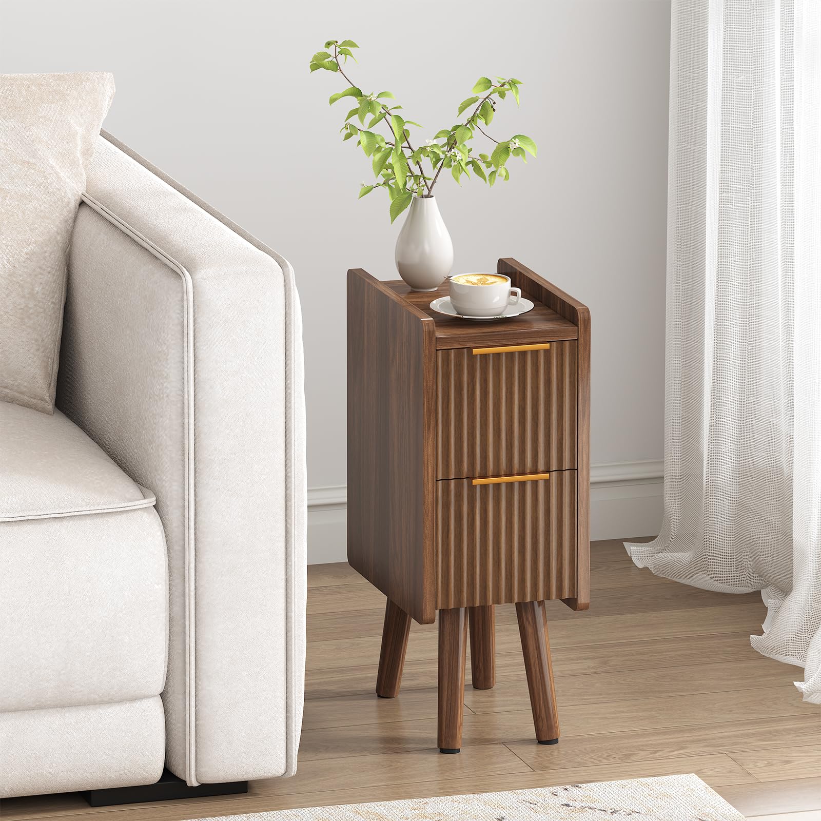 ELYKEN 7.9" Narrow Side Table, 20.6" H Fluted Nightstand with Drawers, Wooden Small End Table for Small Spaces, Modern Skinny Bedside Table, Slim Nightstand for Bedroom, Walnut