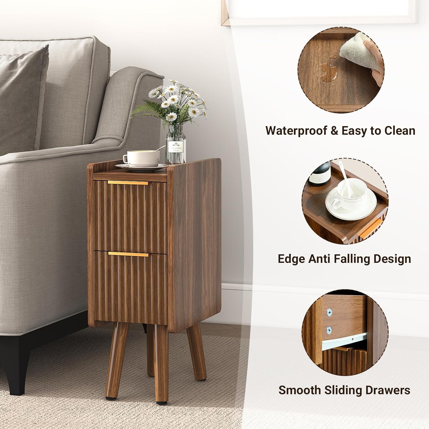 ELYKEN 7.9" Narrow Side Table, 20.6" H Fluted Nightstand with Drawers, Wooden Small End Table for Small Spaces, Modern Skinny Bedside Table, Slim Nightstand for Bedroom, Walnut