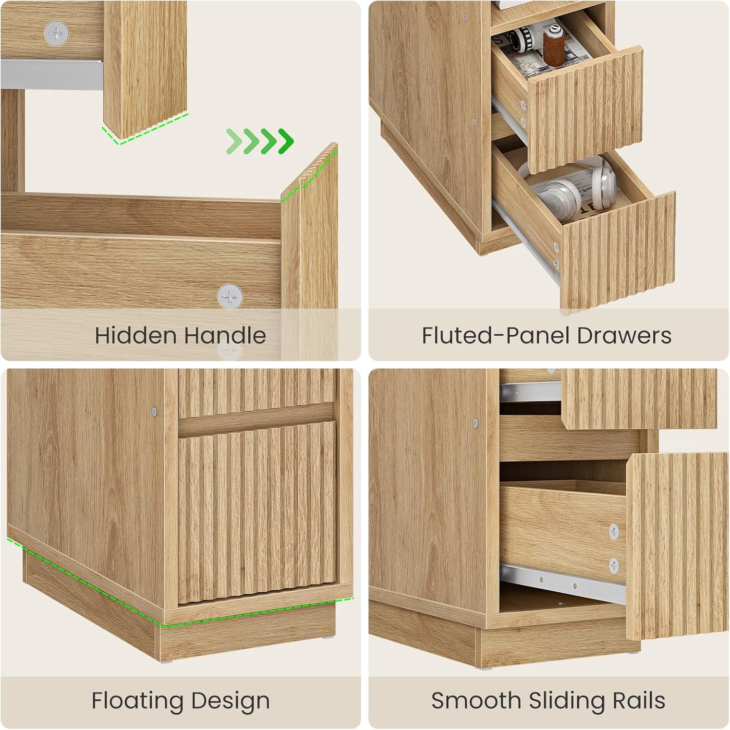 8.7" Narrow Fluted Natural Nightstand, Slim Bedside Table with Drawer & Open Shelf for Bedroom Living Room