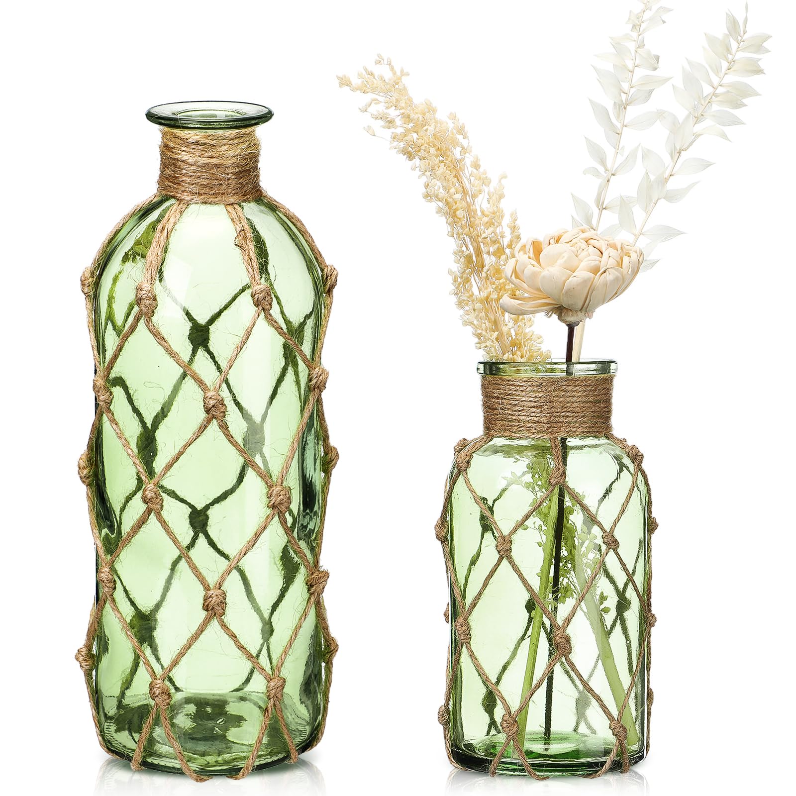 Chuangdi Set of 2 Coastal Glass Vases for Flowers TSITP Flower Vase with Boho Rope Small Sea Glass Jar Nautical Beach Bottle for Wedding Table Centerpieces Floral Arrangement Decor(Green)