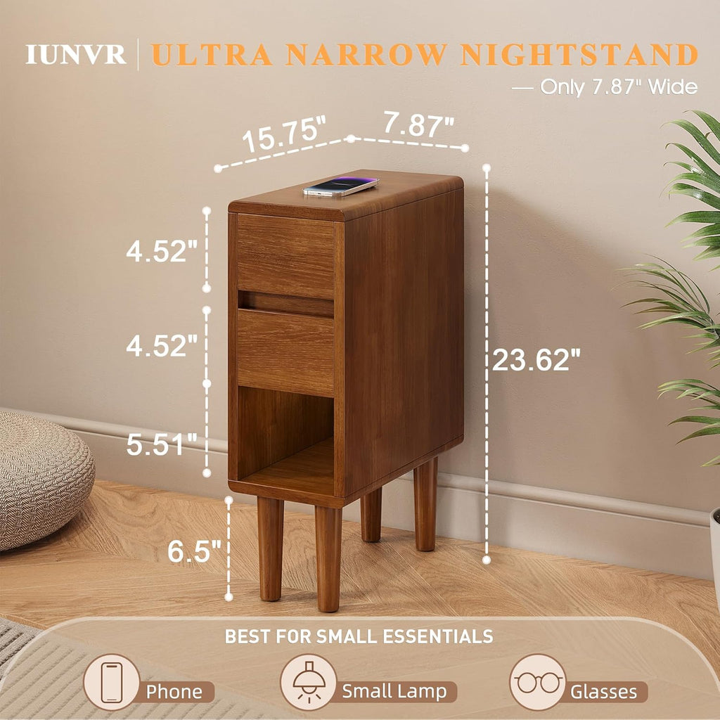 Narrow Nightstand 2 Drawers with Open Shelf Narrow Night Stand Solid Wood Bedside Table Mid Century Modern Nightstand Wooden End Table for Bedroom, Living Room, Study, Office