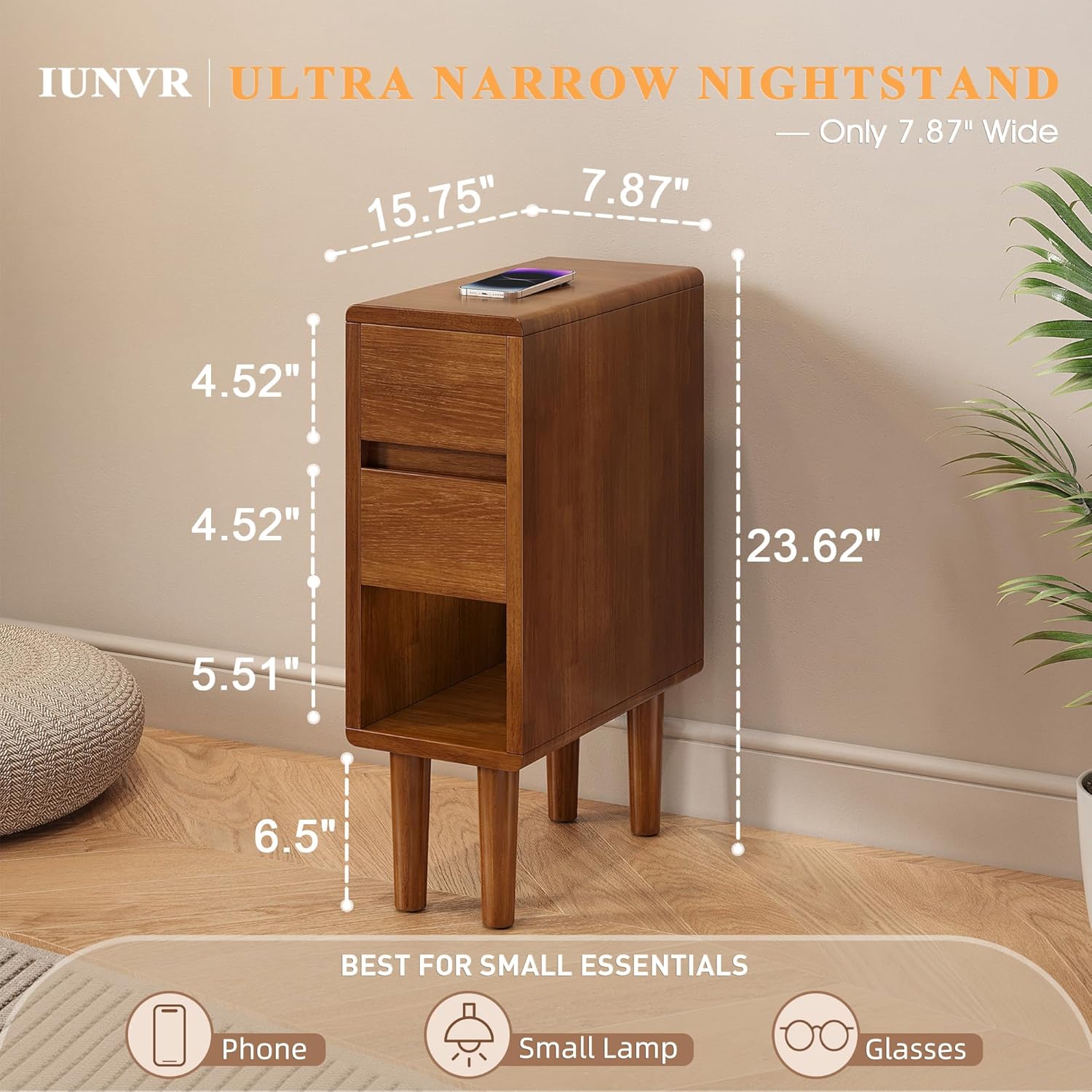 Narrow Nightstand 2 Drawers with Open Shelf Narrow Night Stand Solid Wood Bedside Table Mid Century Modern Nightstand Wooden End Table for Bedroom, Living Room, Study, Office