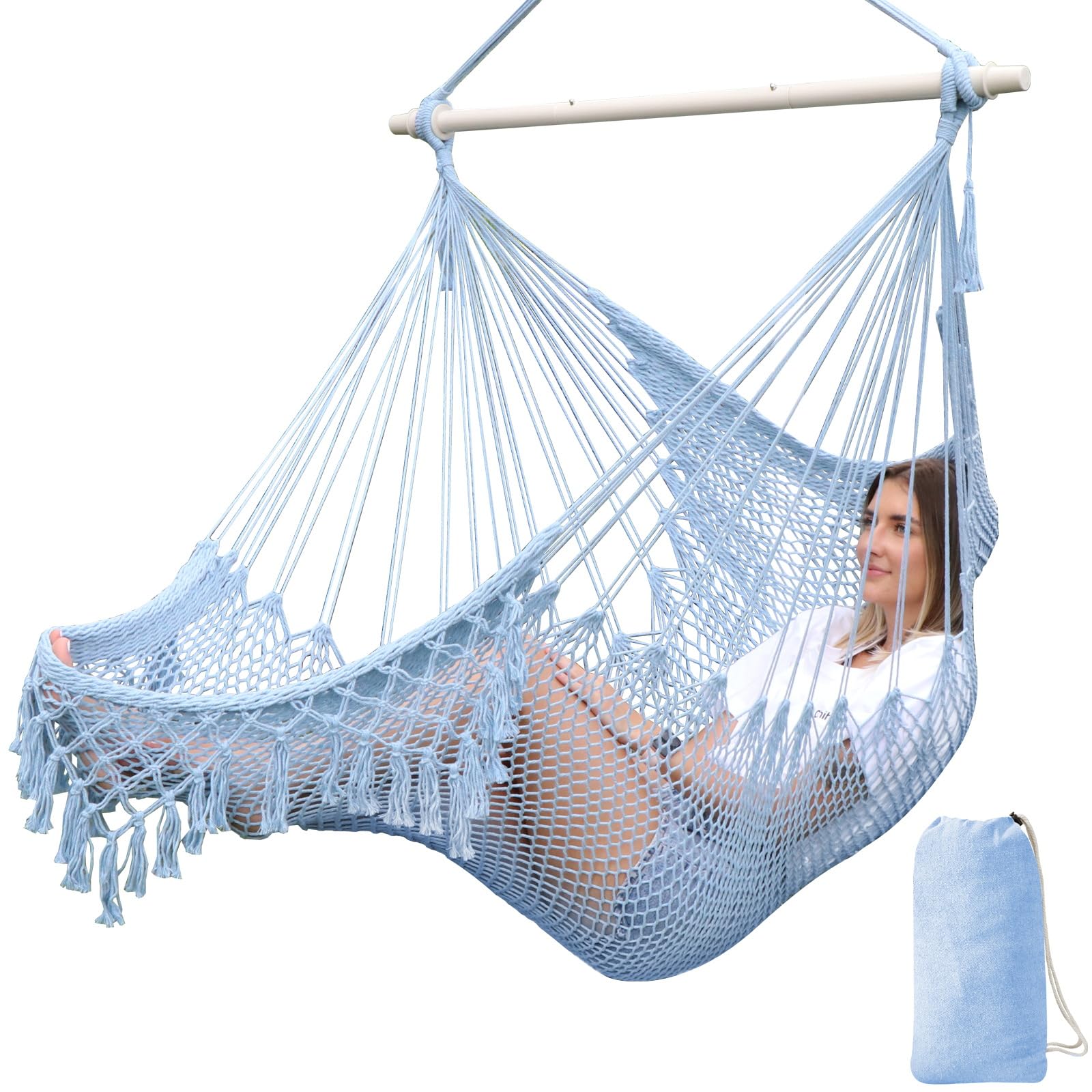 Chihee Hammock Chair Handmade Hanging Chair Cotton Rope Woven Hanging Seat Soft-Spun Large Stretch Hammock Swing, Collapsible Strong Metal Spreader Bar Elegant Macrame Comfort Indoor Outdoor Garden