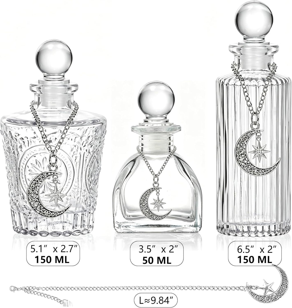 Moon Energy Glass Bottle Set, 3 Pack, with Lunar Star Chain, for Crystal Cleansing, Meditation, Witchcraft, Home Decor (3)