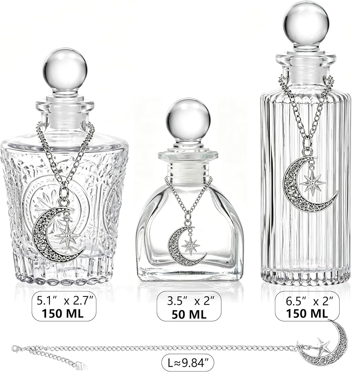 Moon Energy Glass Bottle Set, 3 Pack, with Lunar Star Chain, for Crystal Cleansing, Meditation, Witchcraft, Home Decor (3)