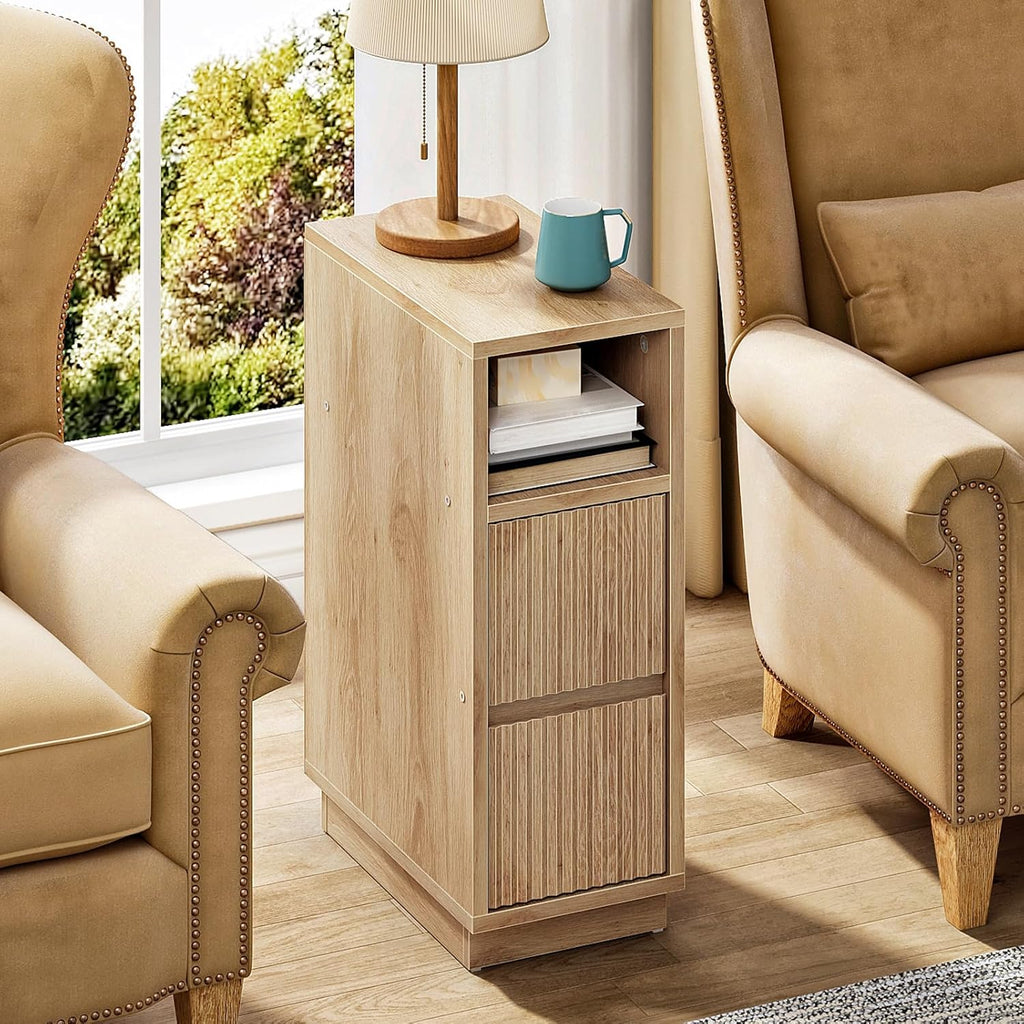 8.7" Narrow Fluted Natural Nightstand, Slim Bedside Table with Drawer & Open Shelf for Bedroom Living Room