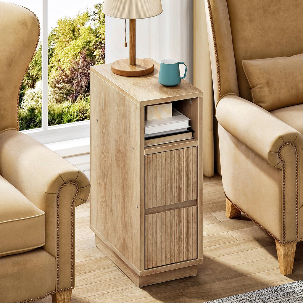 8.7" Narrow Fluted Natural Nightstand, Slim Bedside Table with Drawer & Open Shelf for Bedroom Living Room
