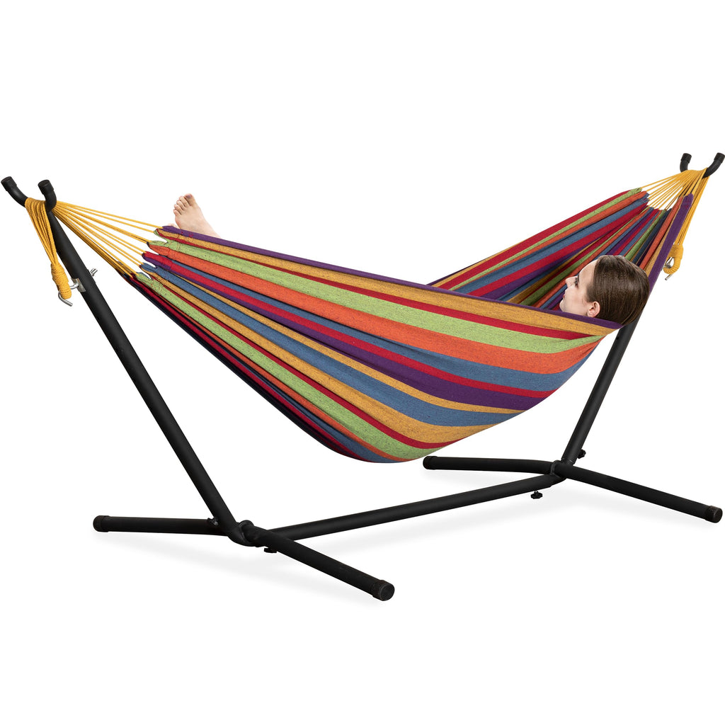 PNAEUT Double Hammocks with Stand for Outside, Portable Space Saving Heavy-Duty Steel Frame for Indoor Outdoor Patio Yard, Easy Assembly, 2 Person 450 lbs Capacity (Coffee)