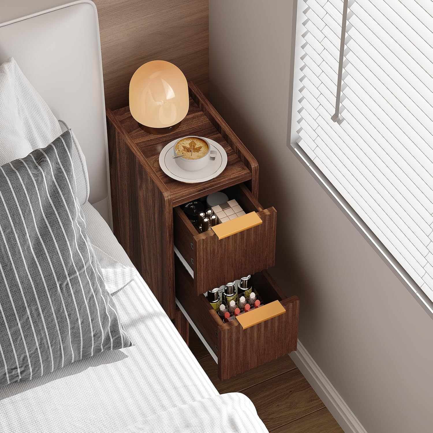 ELYKEN 7.9" Narrow Side Table, 20.6" H Fluted Nightstand with Drawers, Wooden Small End Table for Small Spaces, Modern Skinny Bedside Table, Slim Nightstand for Bedroom, Walnut
