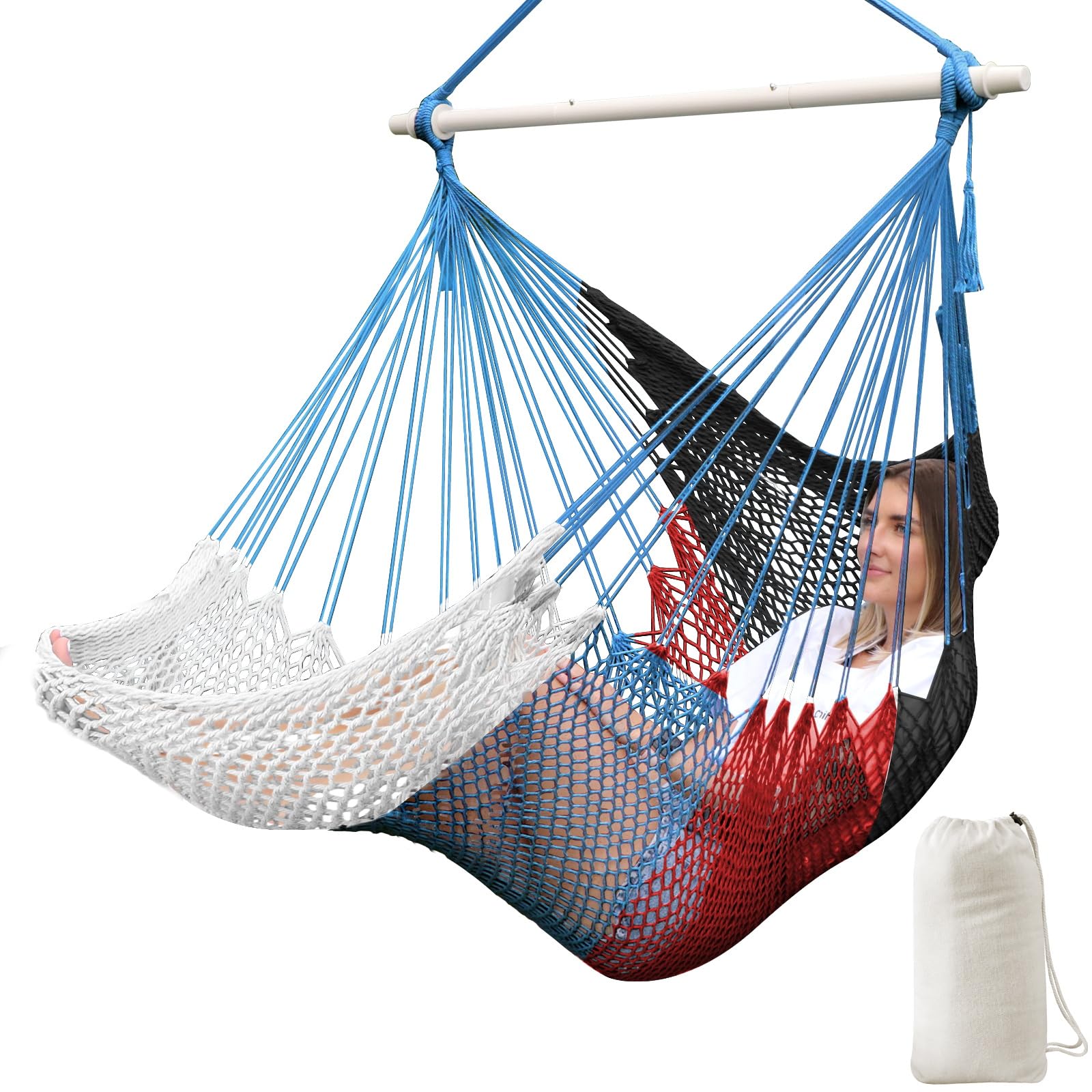 Chihee Hammock Chair Handmade Hanging Chair Cotton Rope Woven Hanging Seat Soft-Spun Large Stretch Hammock Swing, Collapsible Strong Metal Spreader Bar Elegant Macrame Comfort Indoor Outdoor Garden