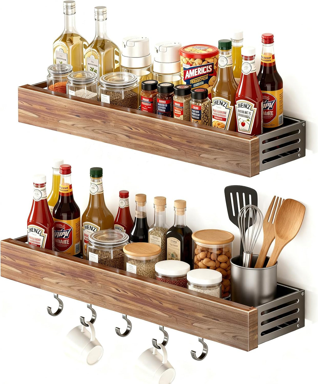 spice rack wood kitchen spice rack wall mounted adjustable adhesive or screw, hung on the door and wall, black large rack for storing items in refrigerators and ovens