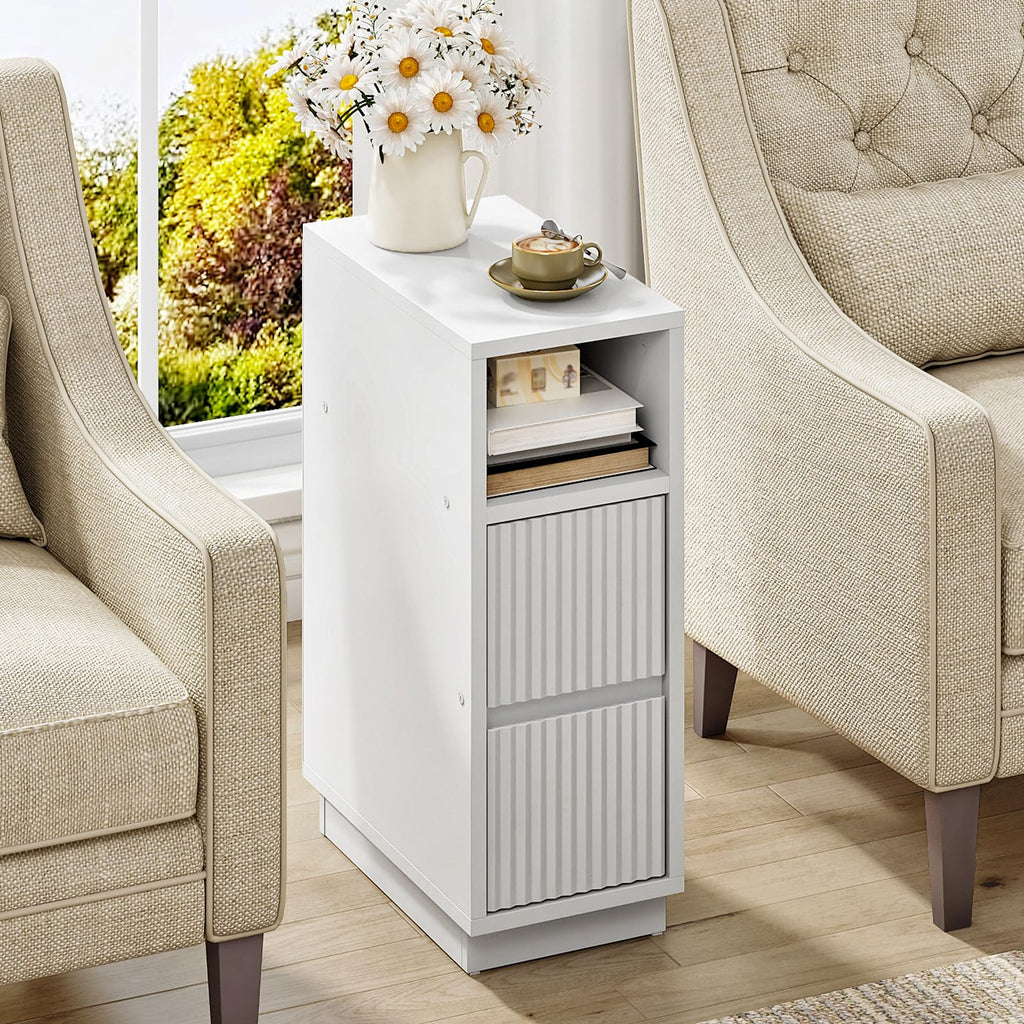8.7" Narrow Fluted Natural Nightstand, Slim Bedside Table with Drawer & Open Shelf for Bedroom Living Room