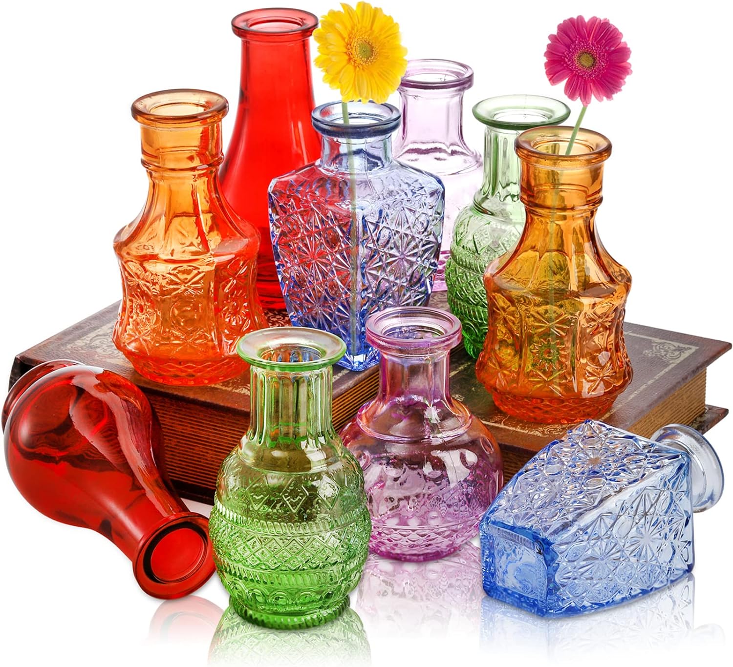 DEAYOU 10-Pack Glass Bud Vases for Decor, Small Vintage Flower Vases for Centerpieces, Crystal Colored Glass Single Bud Vase, Mini Rustic Vase Antique Tiny Floral Bottle for Table, Plants, Home