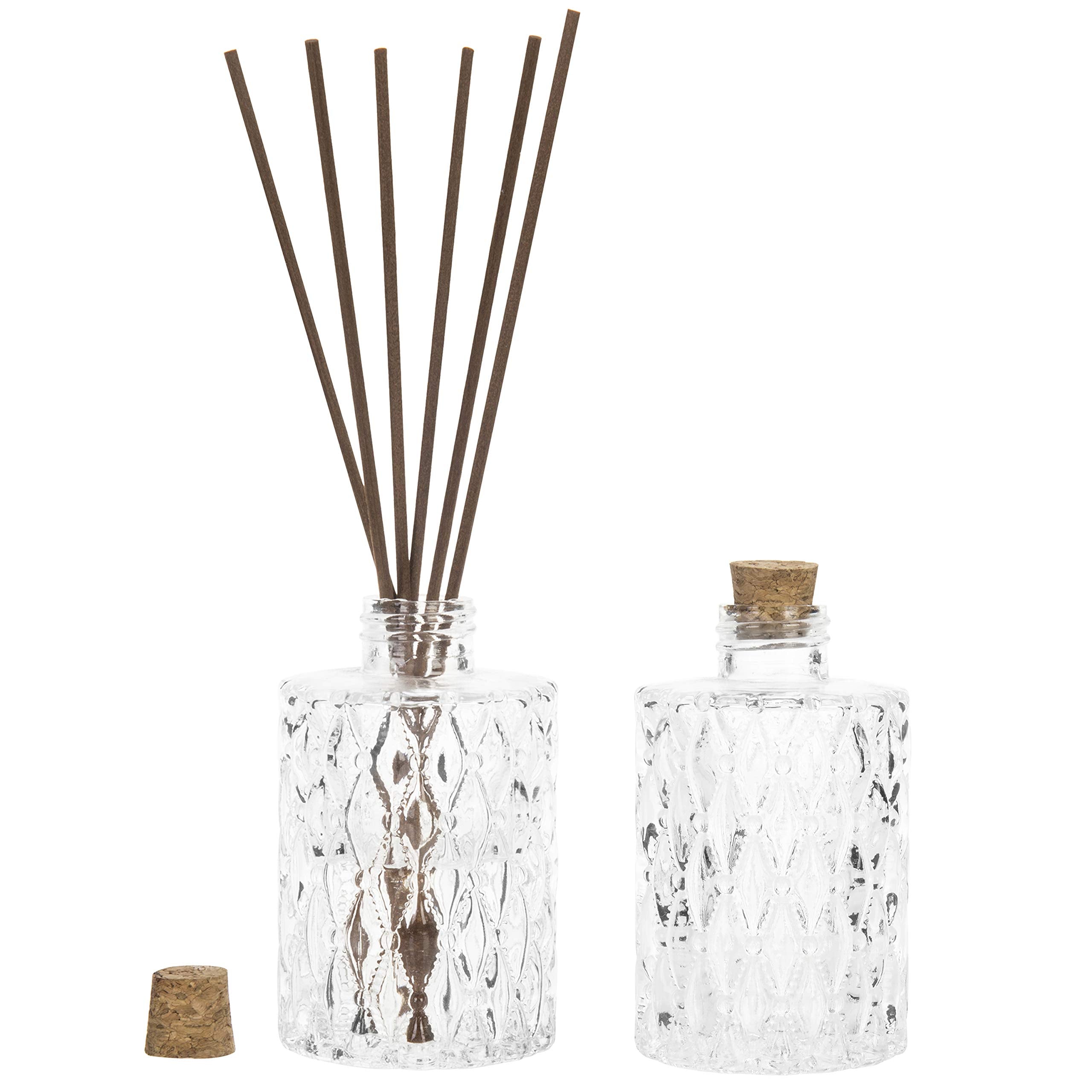 MyGift Vintage Design Embossed Fleur De Lis Clear Glass Bottles with Cork Lid, Apothecary Flower Bud Vases, Set of 6