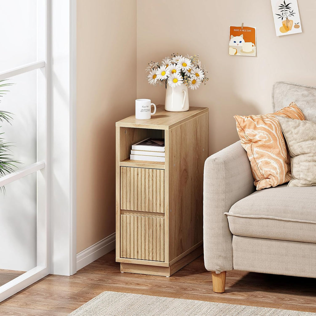 8.7" Narrow Fluted Natural Nightstand, Slim Bedside Table with Drawer & Open Shelf for Bedroom Living Room