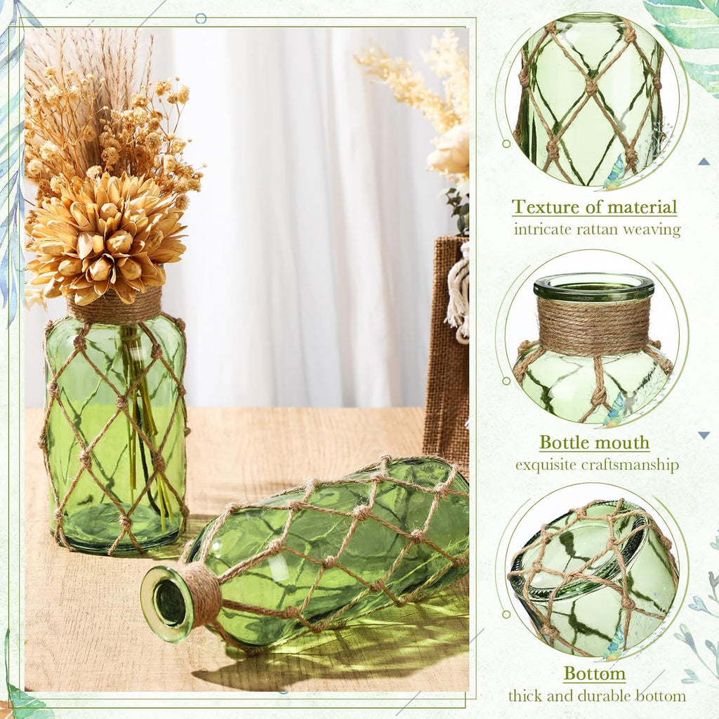 Chuangdi Set of 2 Coastal Glass Vases for Flowers TSITP Flower Vase with Boho Rope Small Sea Glass Jar Nautical Beach Bottle for Wedding Table Centerpieces Floral Arrangement Decor(Green)