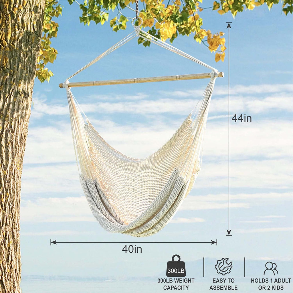 Lazy Daze Hammocks Hanging Swing Chair Caribbean Rope Weaving Chair with 40" Hardwood Spreader Bar and Soft-Spun Cotton Rope, Hammock Chair for Indoor, Outdoor, Backyard, Max 300 LBS, Natural