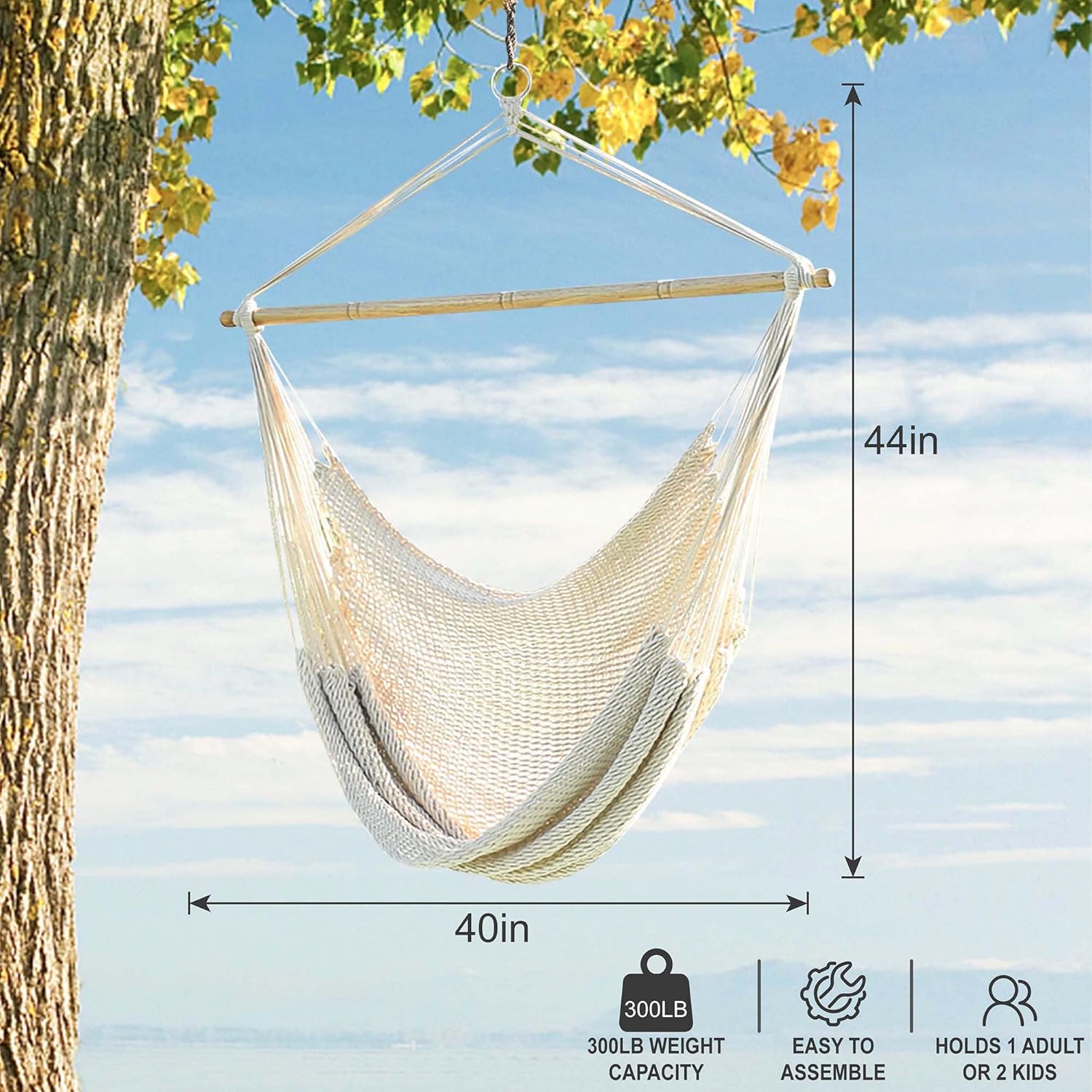 Lazy Daze Hammocks Hanging Swing Chair Caribbean Rope Weaving Chair with 40" Hardwood Spreader Bar and Soft-Spun Cotton Rope, Hammock Chair for Indoor, Outdoor, Backyard, Max 300 LBS, Natural