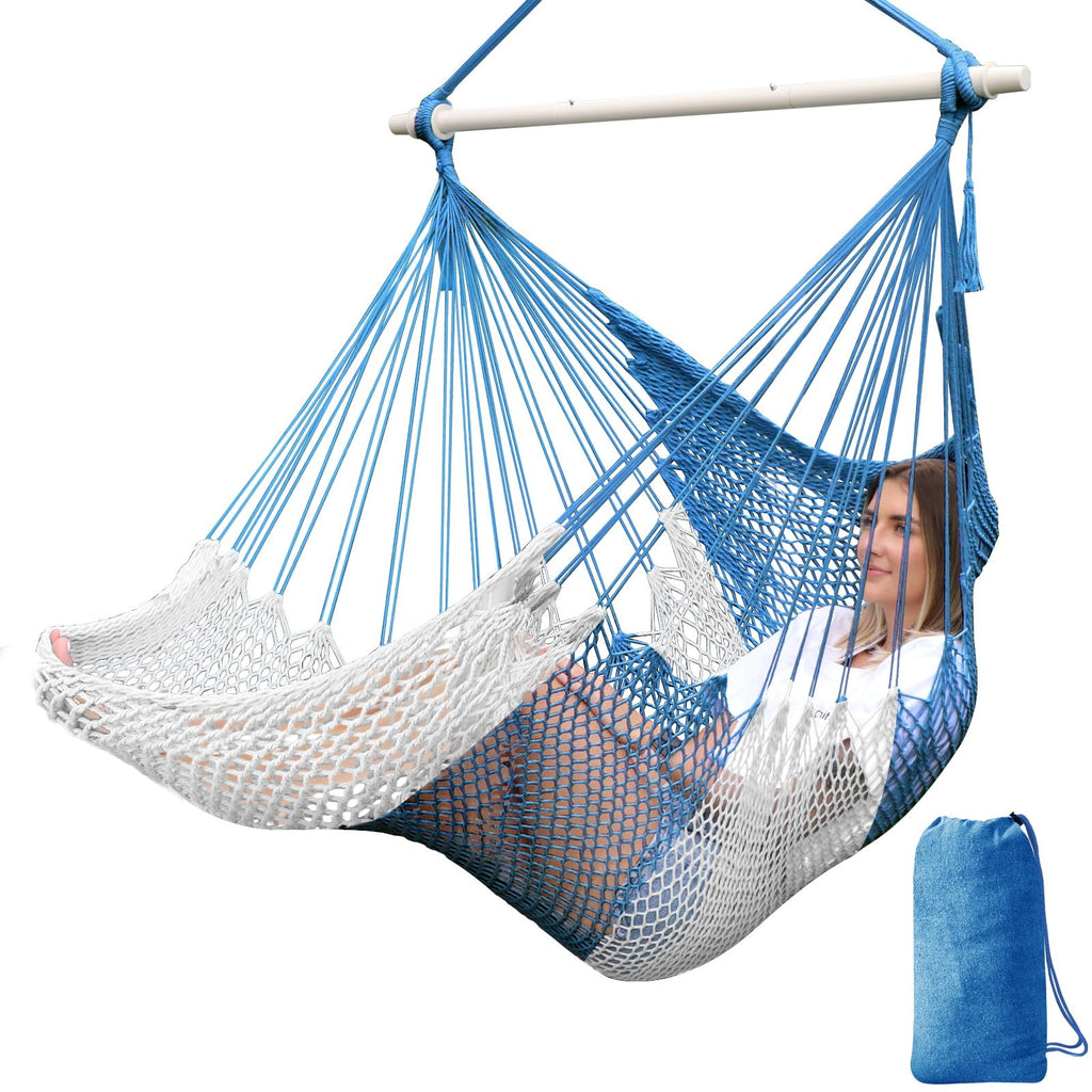 Chihee Hammock Chair Handmade Hanging Chair Cotton Rope Woven Hanging Seat Soft-Spun Large Stretch Hammock Swing, Collapsible Strong Metal Spreader Bar Elegant Macrame Comfort Indoor Outdoor Garden