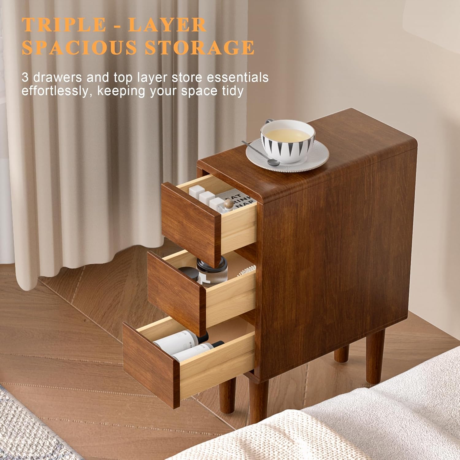 Narrow Nightstand with 3 Drawers Narrow Night Stand Solid Wood Bedside Table Mid Century Modern Nightstand Wooden End Table for Bedroom, Living Room, Study, Office