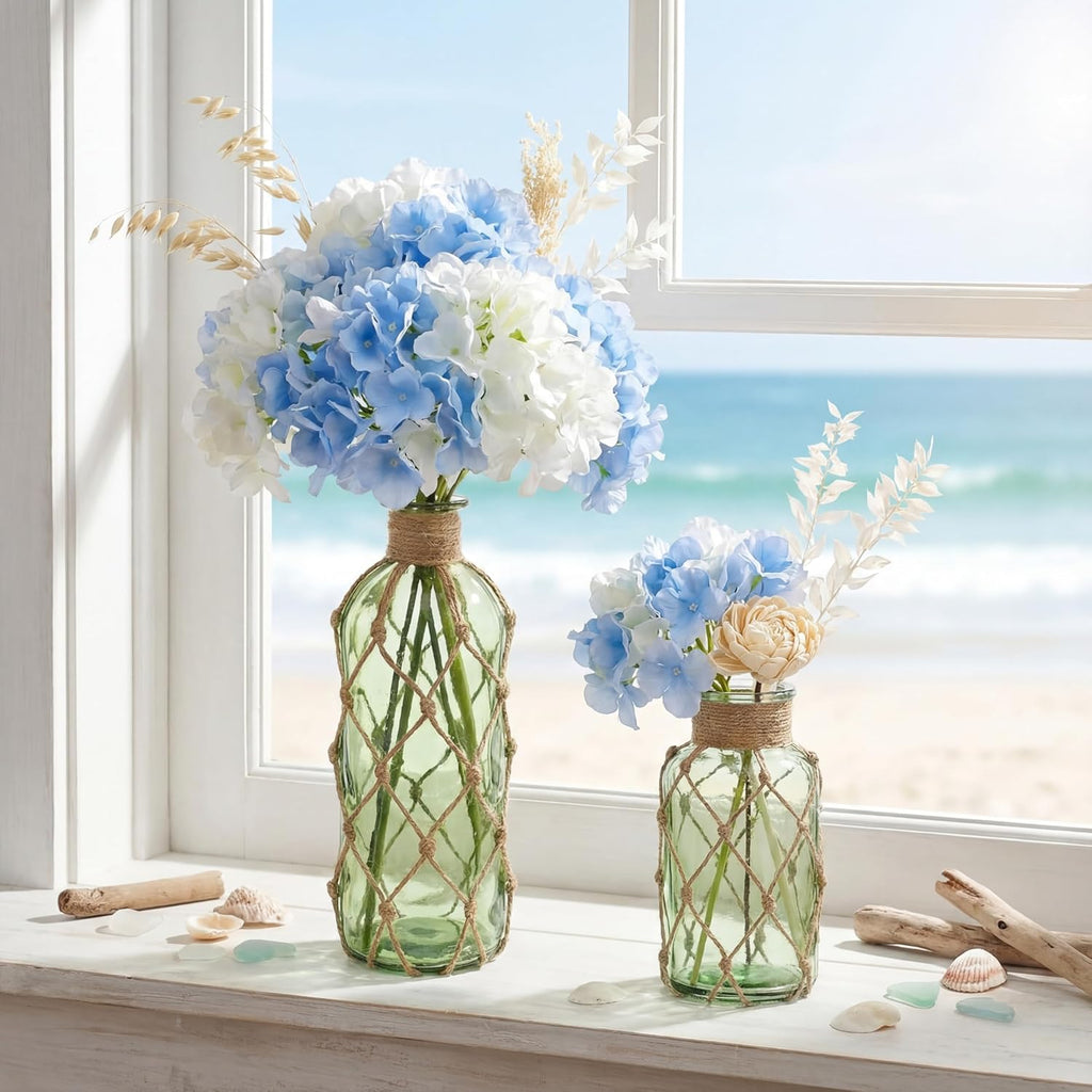 Chuangdi Set of 2 Coastal Glass Vases for Flowers TSITP Flower Vase with Boho Rope Small Sea Glass Jar Nautical Beach Bottle for Wedding Table Centerpieces Floral Arrangement Decor(Green)