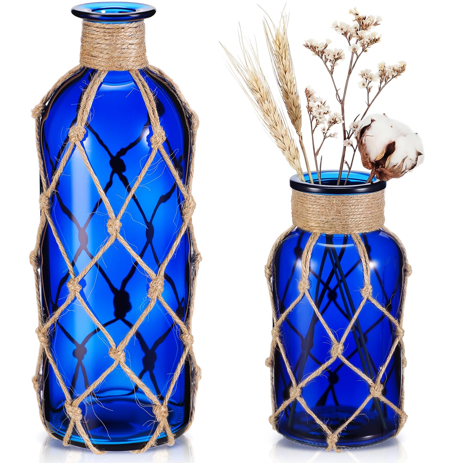 Chuangdi Set of 2 Coastal Glass Vases for Flowers TSITP Flower Vase with Boho Rope Small Sea Glass Jar Nautical Beach Bottle for Wedding Table Centerpieces Floral Arrangement Decor(Green)