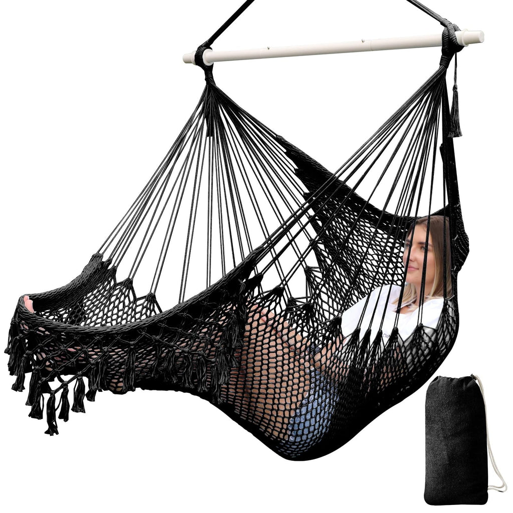 Chihee Hammock Chair Handmade Hanging Chair Cotton Rope Woven Hanging Seat Soft-Spun Large Stretch Hammock Swing, Collapsible Strong Metal Spreader Bar Elegant Macrame Comfort Indoor Outdoor Garden