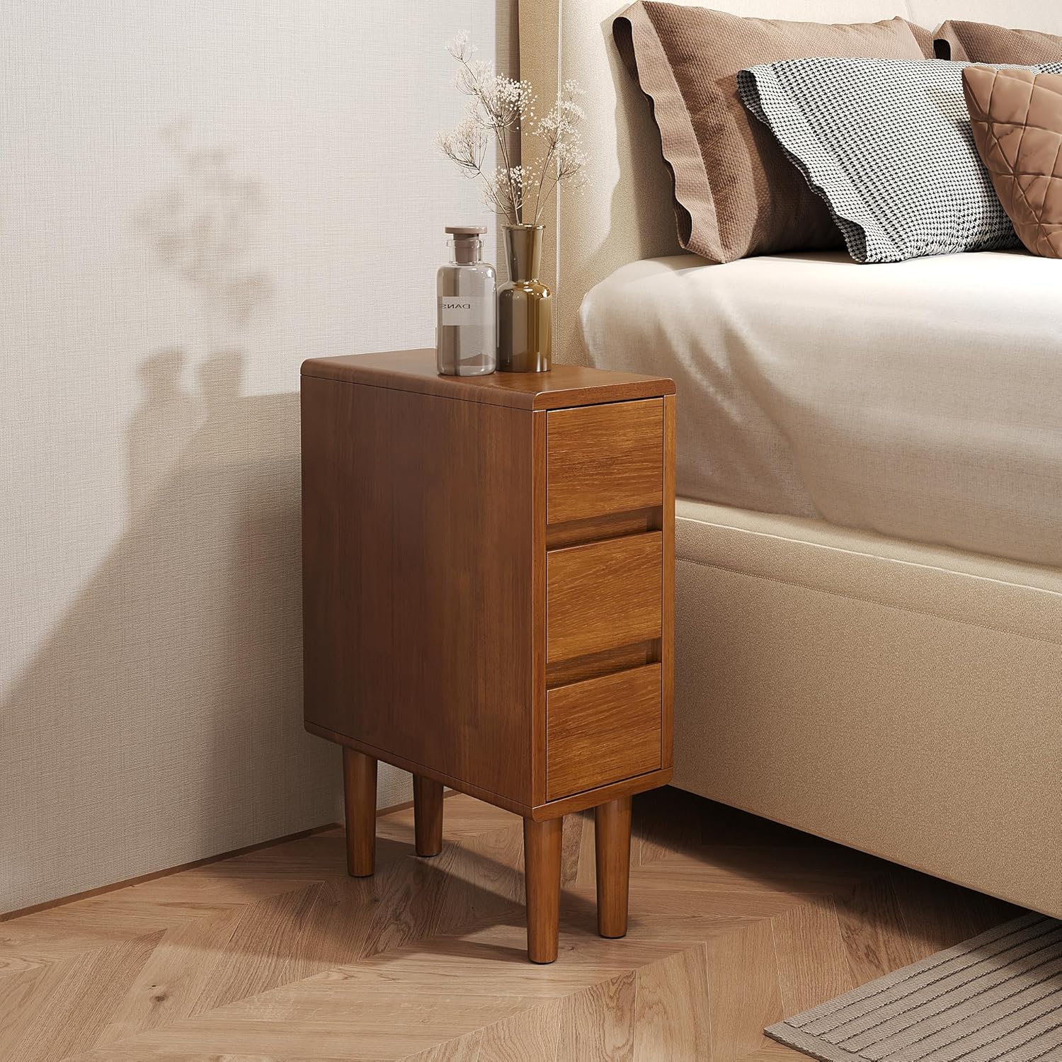 Narrow Nightstand with 3 Drawers Narrow Night Stand Solid Wood Bedside Table Mid Century Modern Nightstand Wooden End Table for Bedroom, Living Room, Study, Office