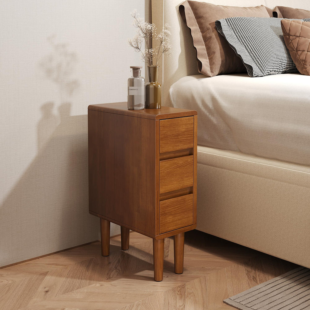 Narrow Nightstand with 3 Drawers Narrow Night Stand Solid Wood Bedside Table Mid Century Modern Nightstand Wooden End Table for Bedroom, Living Room, Study, Office