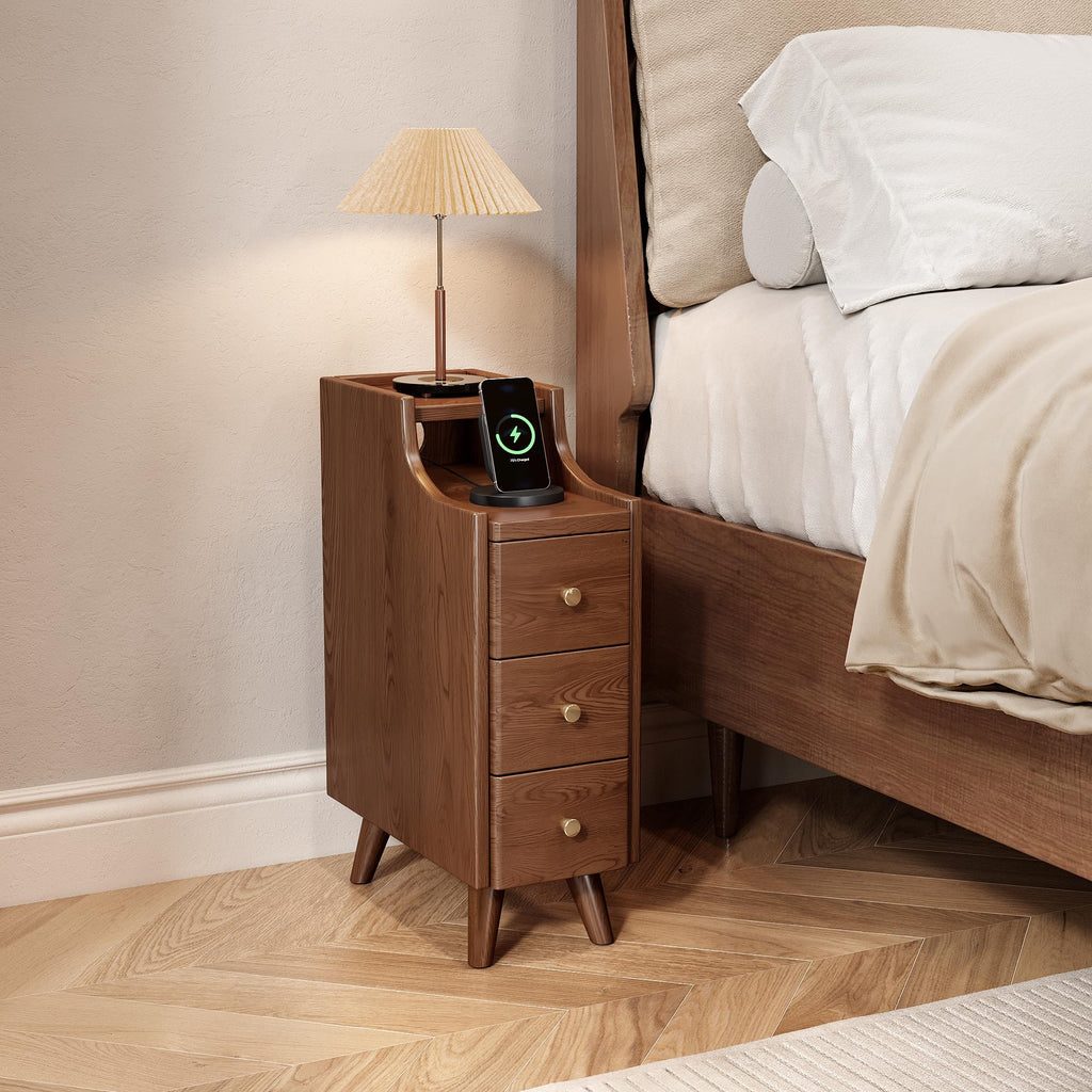 Narrow Nightstand with Drawers, 7.9" Solid Wood Nightstand with Open Shelf & Cable Hole, Modern Night Stand Slim Bedside Table for Small Spaces, Bedroom, Living Room, Study