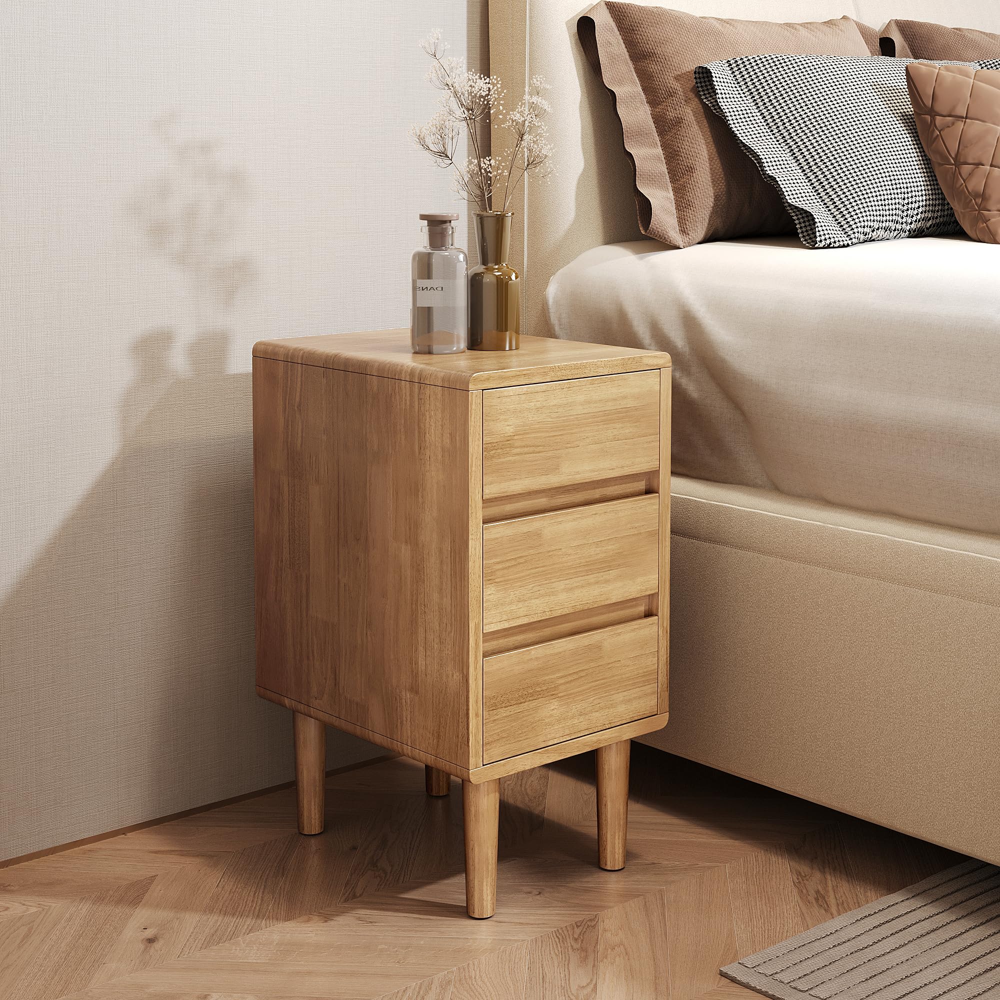 Narrow Nightstand with 3 Drawers Narrow Night Stand Solid Wood Bedside Table Mid Century Modern Nightstand Wooden End Table for Bedroom, Living Room, Study, Office
