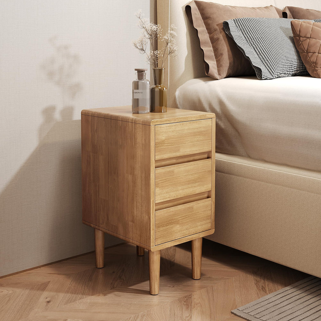 Narrow Nightstand 2 Drawers with Open Shelf Narrow Night Stand Solid Wood Bedside Table Mid Century Modern Nightstand Wooden End Table for Bedroom, Living Room, Study, Office