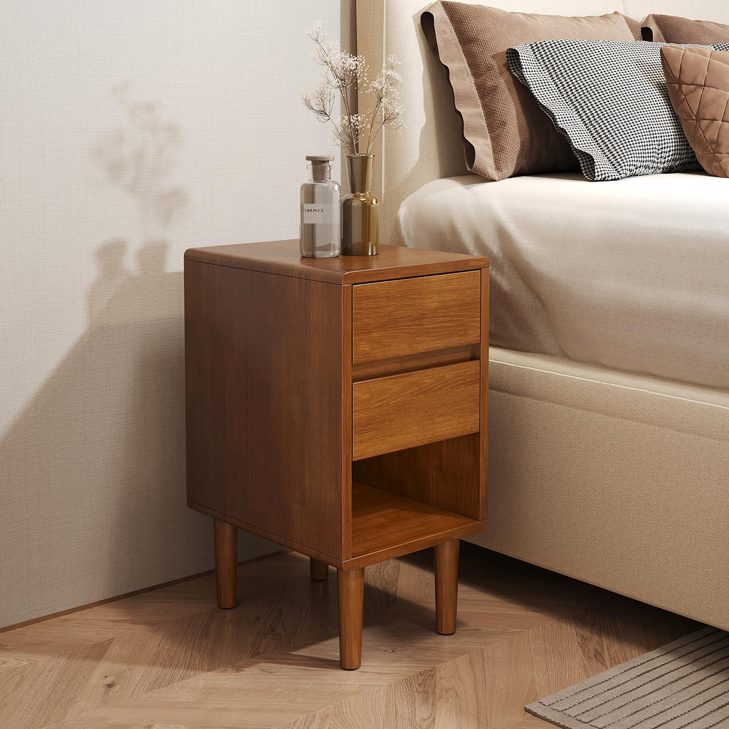 Narrow Nightstand with 3 Drawers Narrow Night Stand Solid Wood Bedside Table Mid Century Modern Nightstand Wooden End Table for Bedroom, Living Room, Study, Office