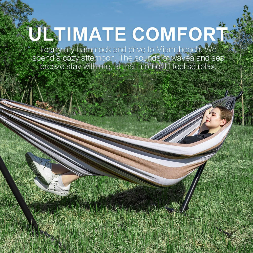 PNAEUT Double Hammocks with Stand for Outside, Portable Space Saving Heavy-Duty Steel Frame for Indoor Outdoor Patio Yard, Easy Assembly, 2 Person 450 lbs Capacity (Coffee)