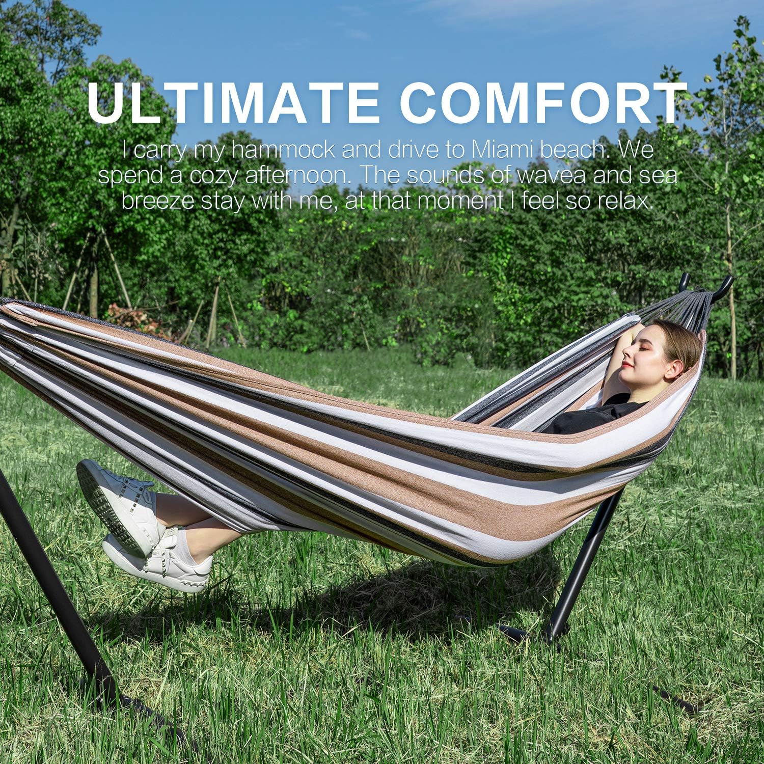 PNAEUT Double Hammocks with Stand for Outside, Portable Space Saving Heavy-Duty Steel Frame for Indoor Outdoor Patio Yard, Easy Assembly, 2 Person 450 lbs Capacity (Coffee)
