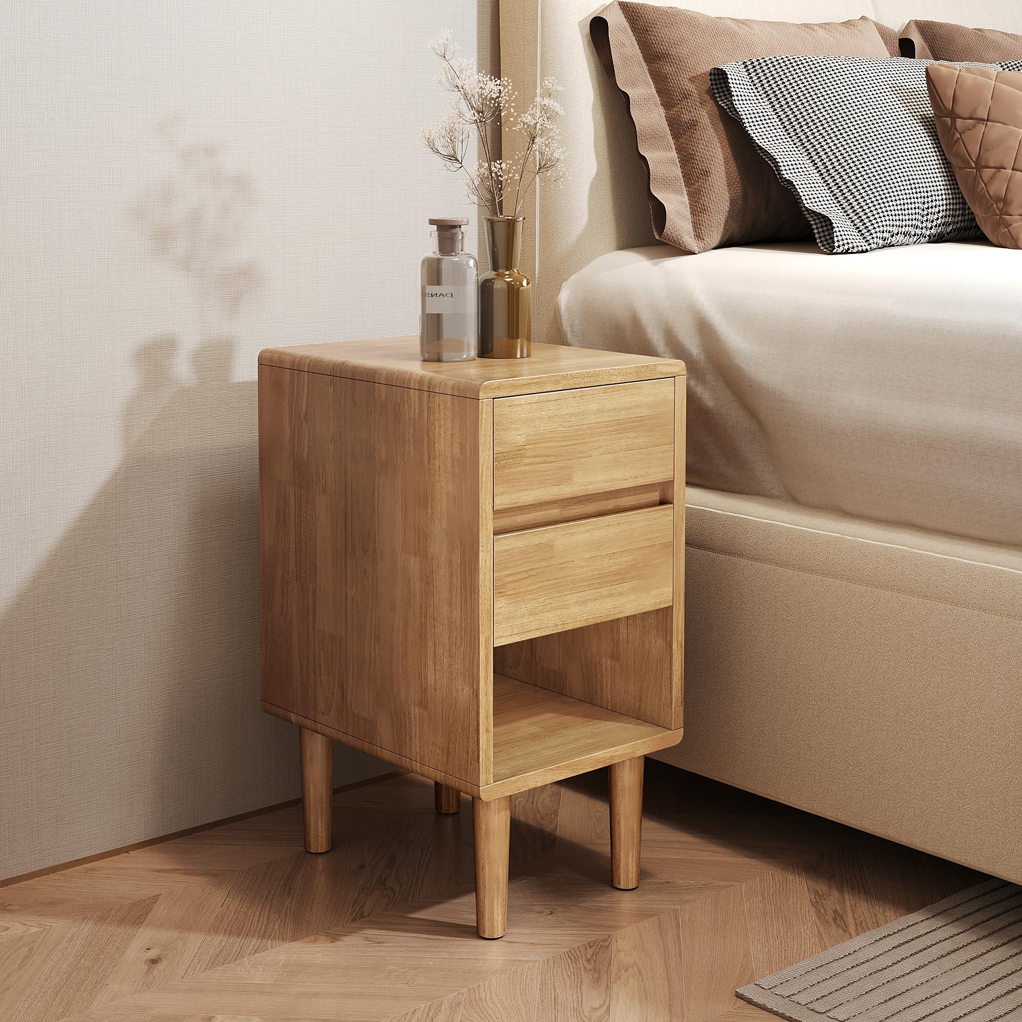 Narrow Nightstand with 3 Drawers Narrow Night Stand Solid Wood Bedside Table Mid Century Modern Nightstand Wooden End Table for Bedroom, Living Room, Study, Office
