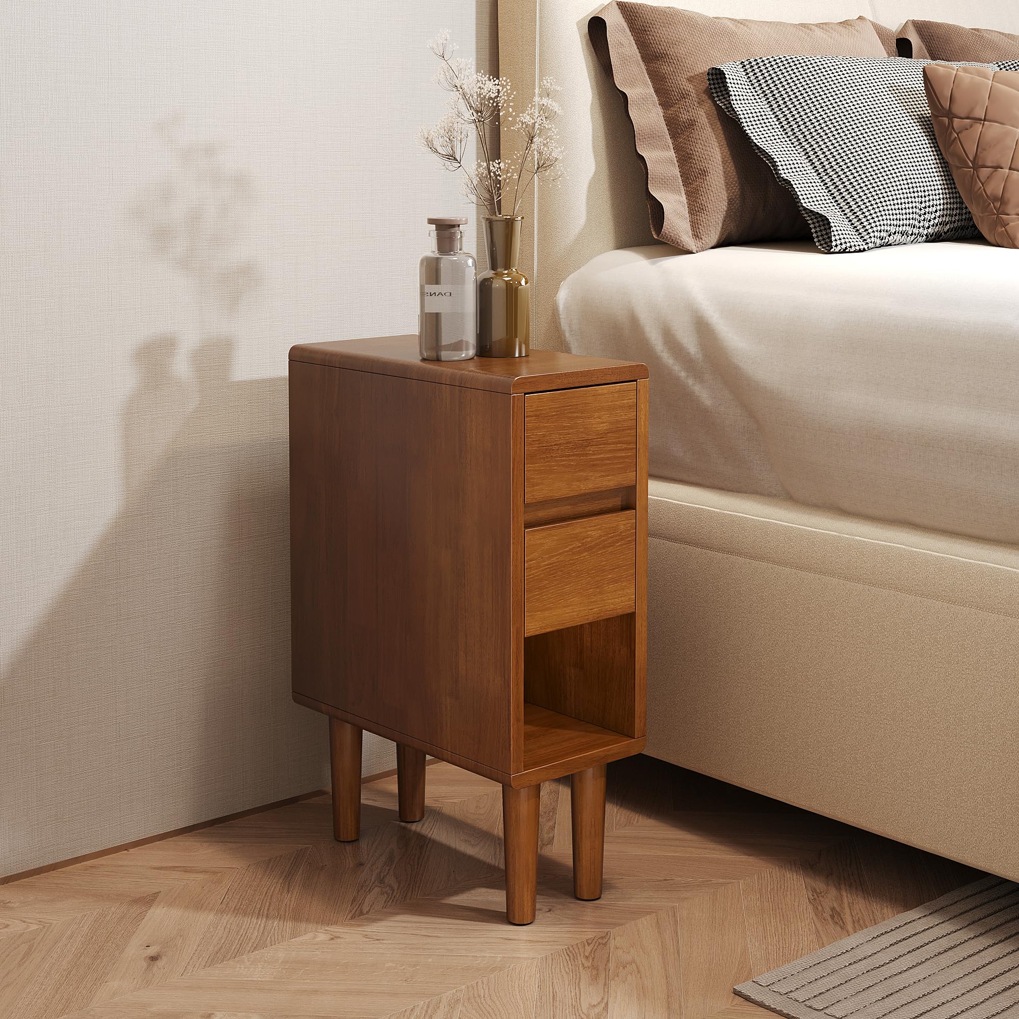 Narrow Nightstand with 3 Drawers Narrow Night Stand Solid Wood Bedside Table Mid Century Modern Nightstand Wooden End Table for Bedroom, Living Room, Study, Office
