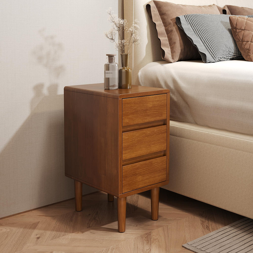 Narrow Nightstand with 3 Drawers Narrow Night Stand Solid Wood Bedside Table Mid Century Modern Nightstand Wooden End Table for Bedroom, Living Room, Study, Office