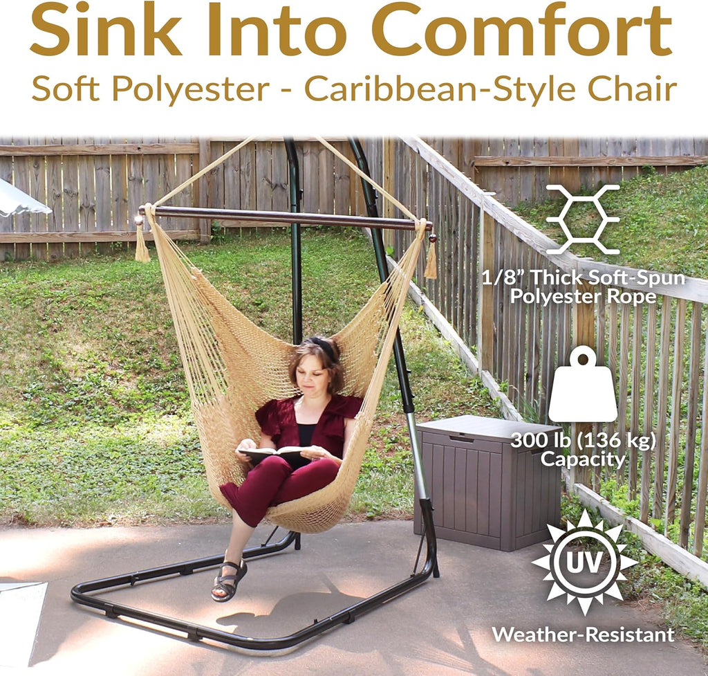 Sunnydaze Outdoor Hammock Chair Swing for Reading - Hanging Hammock Swing for Indoor or Patio - 300lb Capacity - Caribbean XL - Tan