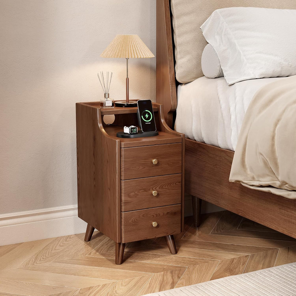 Narrow Nightstand with Drawers, 11.8" Solid Wood Nightstand with Open Shelf & Cable Hole, Modern Night Stand Slim Bedside Table for Small Spaces, Bedroom, Living Room, Study
