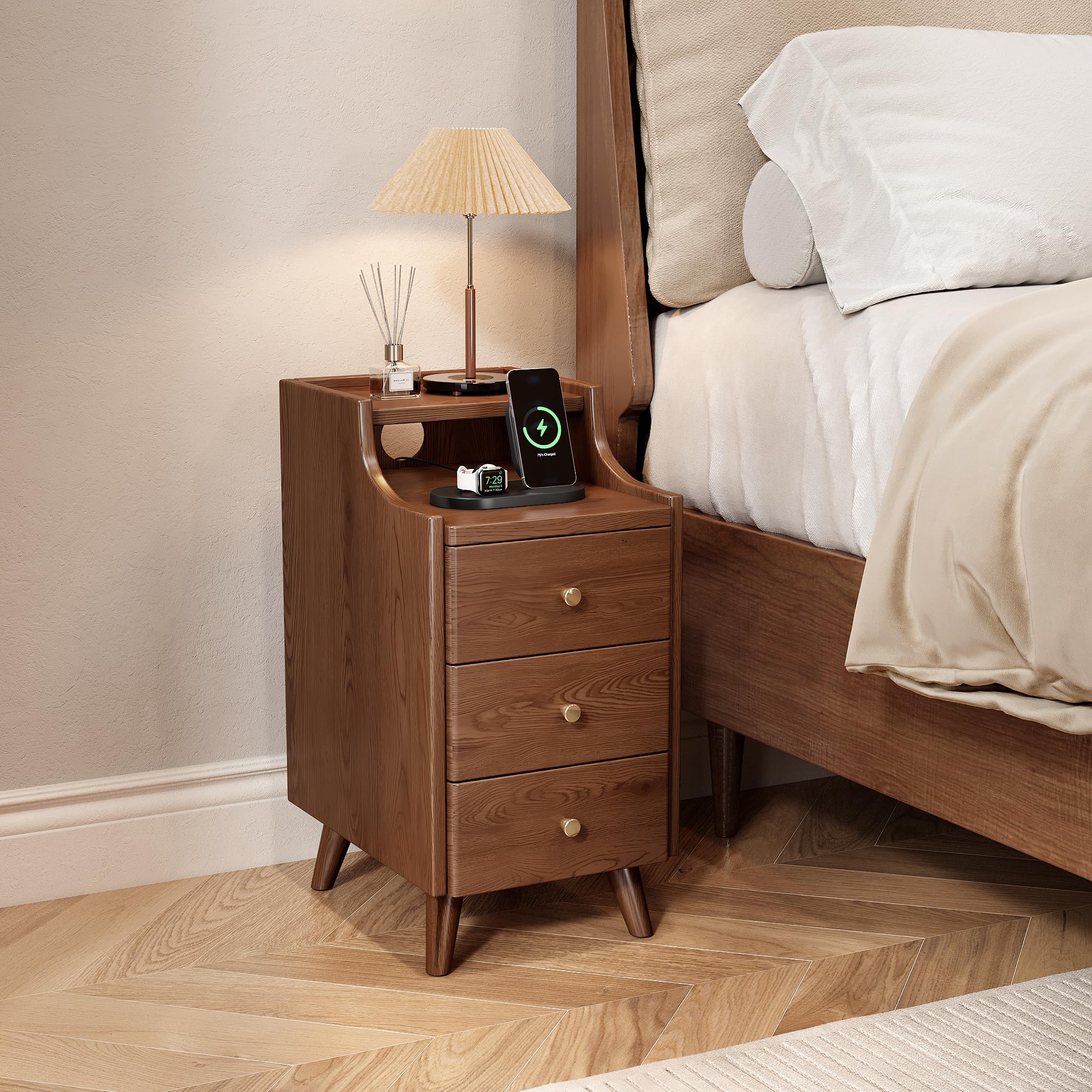 Narrow Nightstand with Drawers, 7.9" Solid Wood Nightstand with Open Shelf & Cable Hole, Modern Night Stand Slim Bedside Table for Small Spaces, Bedroom, Living Room, Study